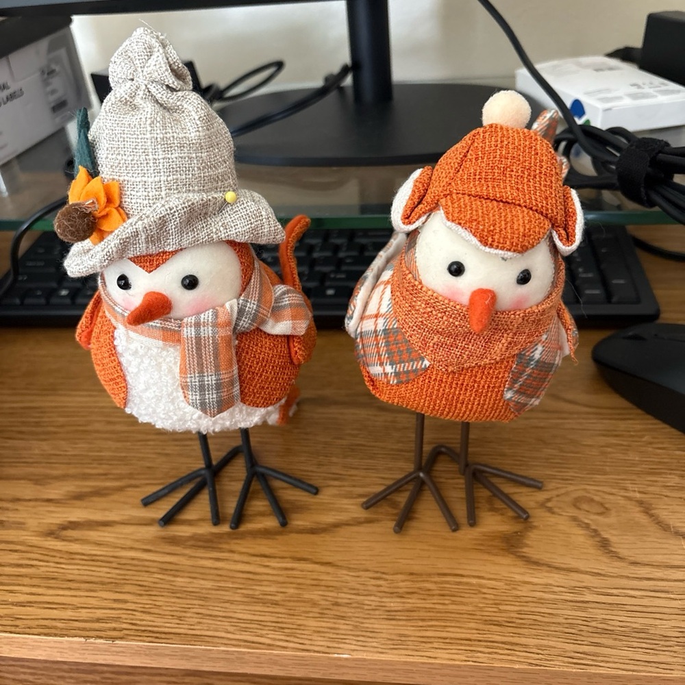 Set of Two Festive Bird Figurines with Hats and Scarves